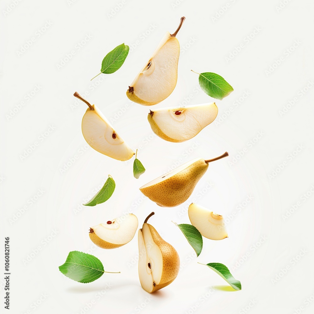 Pear with half slices falling or floating in the air with green leaves isolated on a white background, Fresh organic fruit with high vitamins and minerals Pear with half slices falling or floating in the air with green leaves isolated on a white background, Fresh organic fruit with high vitamins and minerals