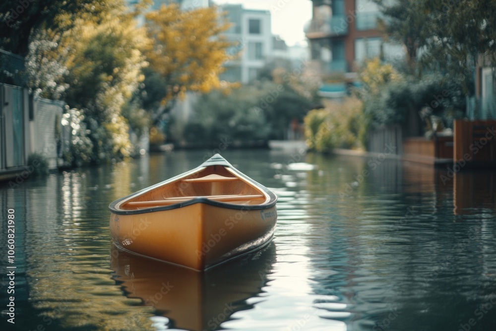 Obraz premium A small boat floats on the surface of a calm river