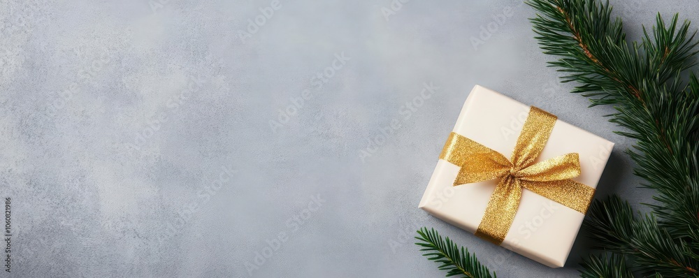Elegant holiday gift card on a gray background, accompanied by a single green pine needle
