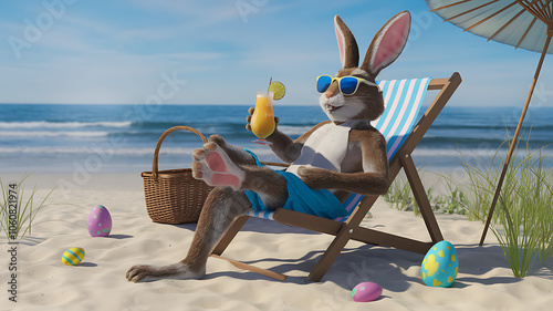 Cool Easter bunny on vacation on the beach with a cocktail.