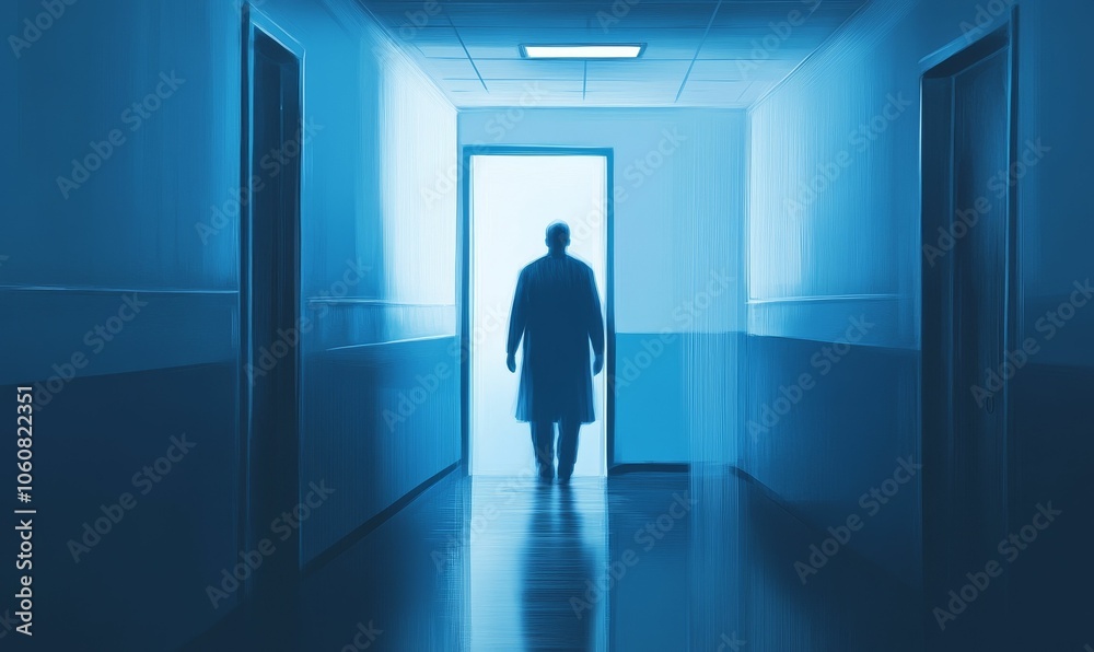 Silhouette walks through doorway in blue hallway. Silhouette walks through doorway in blue hallway.