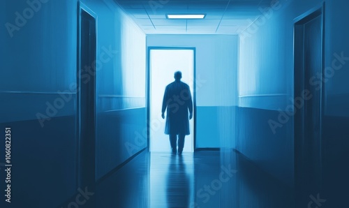 Silhouette walks through doorway in blue hallway.