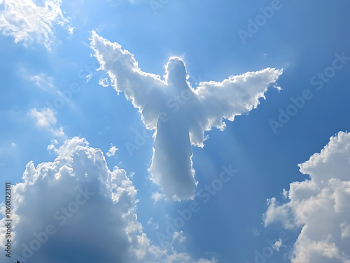 Jesus god shaped cloud shining over the sky