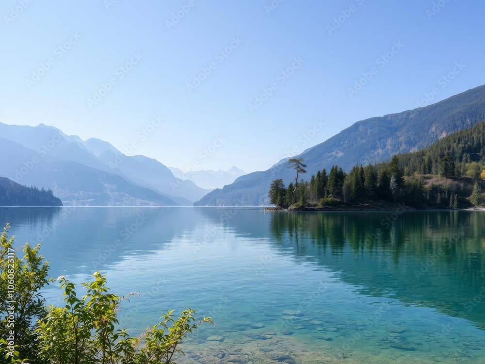 Scenic view of a serene lake surrounded by lush green trees and distant mountains, beauty, serene Scenic view of a serene lake surrounded by lush green trees and distant mountains, beauty, serene