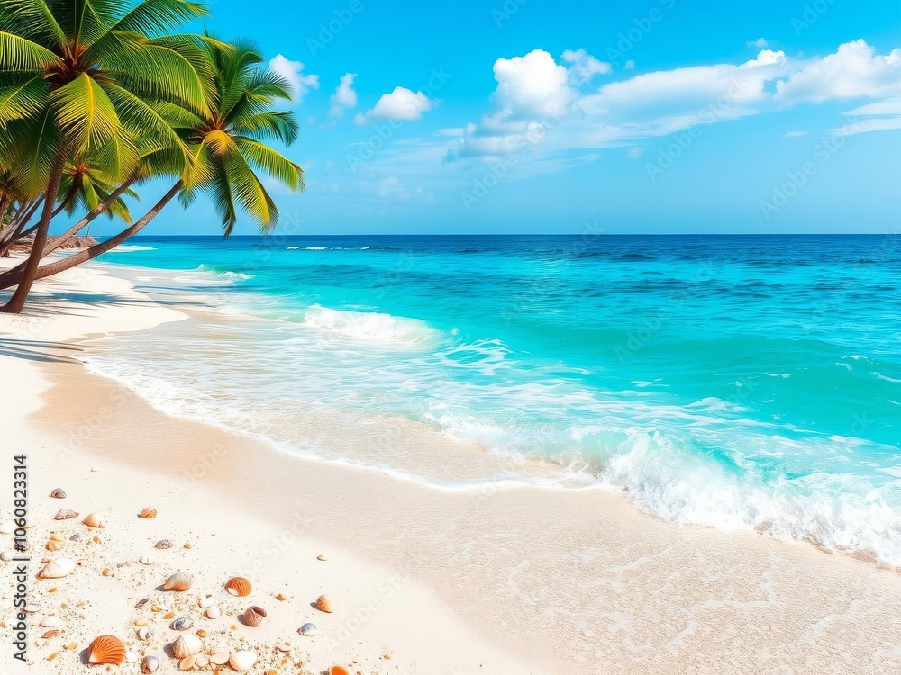 Fototapeta premium Sandy beach with palm trees and crystal blue water under clear skies, horizon, shore