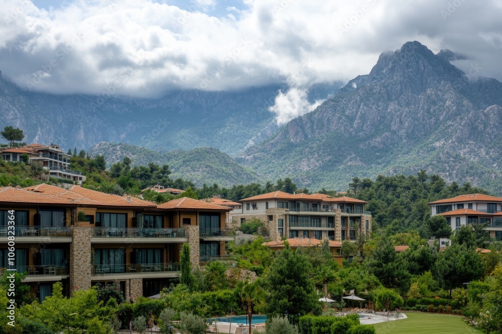 A serene scene featuring a majestic mountain range with a calm pool at its foot A serene scene featuring a majestic mountain range with a calm pool at its foot