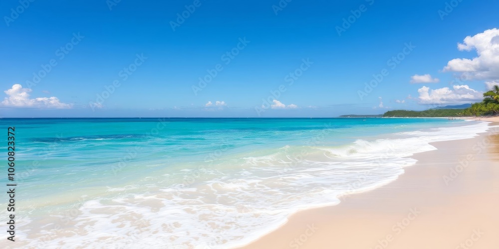 Sandy beach with crystal clear blue water under a bright sunny sky, horizon, beach Sandy beach with crystal clear blue water under a bright sunny sky, horizon, beach