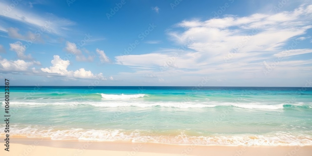 Sandy beach with gentle waves and clear blue sky, sunny, ocean Sandy beach with gentle waves and clear blue sky, sunny, ocean