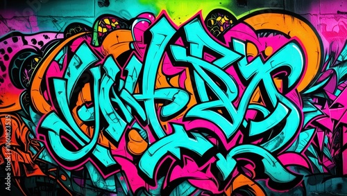 Wallpaper Mural Colorful graffiti art, vibrant street mural, wildstyle lettering, neon colors, abstract urban design, spray paint texture, dynamic curves and arrows, intricate overlapping shapes, psychedelic color pa Torontodigital.ca