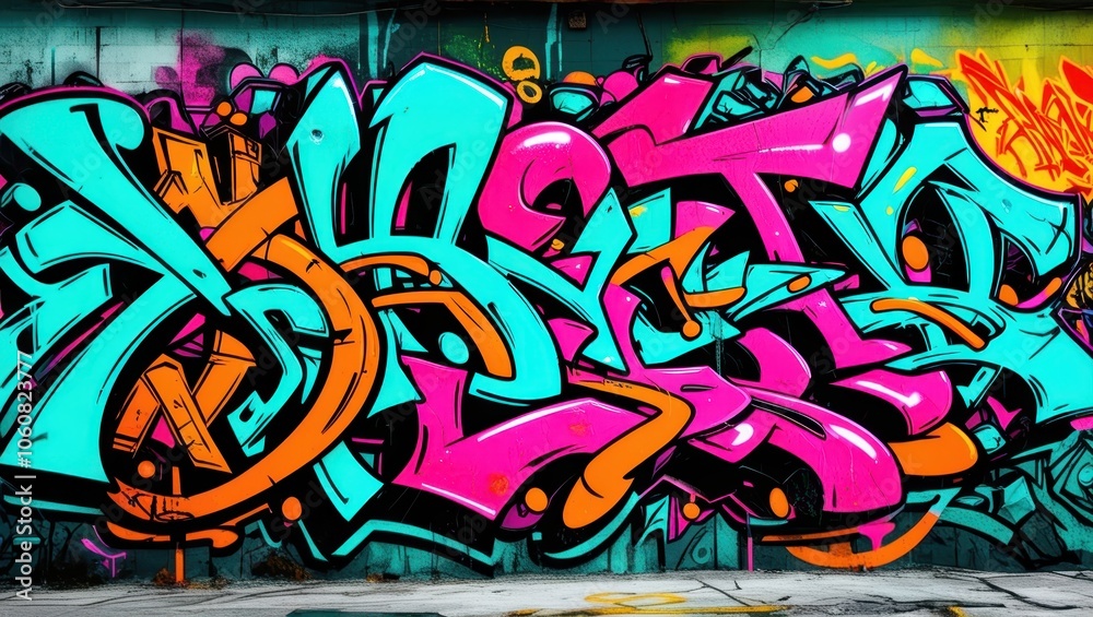Naklejka premium Colorful graffiti art, vibrant street mural, wildstyle lettering, neon colors, abstract urban design, spray paint texture, dynamic curves and arrows, intricate overlapping shapes, psychedelic color pa