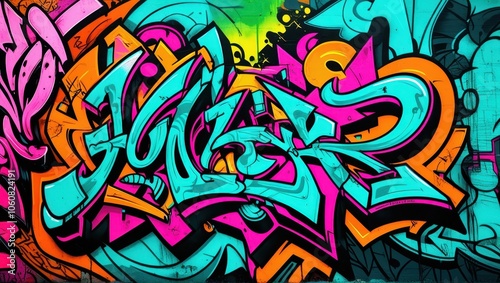 Wallpaper Mural Colorful graffiti art, vibrant street mural, wildstyle lettering, neon colors, abstract urban design, spray paint texture, dynamic curves and arrows, intricate overlapping shapes, psychedelic color pa Torontodigital.ca