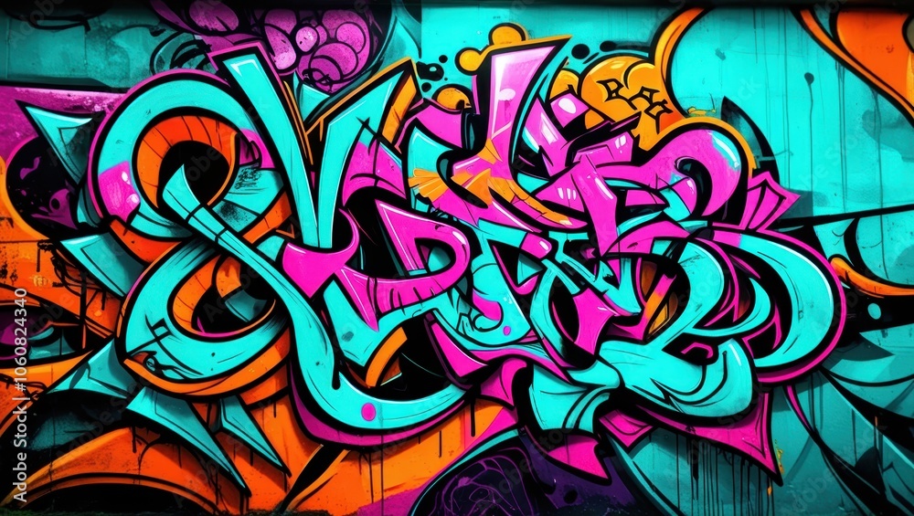 Obraz premium Colorful graffiti art, vibrant street mural, wildstyle lettering, neon colors, abstract urban design, spray paint texture, dynamic curves and arrows, intricate overlapping shapes, psychedelic color pa