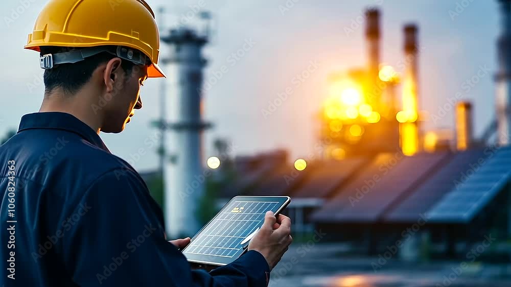 A shot of an engineer holding a tablet connected to a sustainable energy management system, with a vibrant solar power plant gleaming in the distance. A shot of an engineer holding a tablet connected to a sustainable energy management system, with a vibrant solar power plant gleaming in the distance.