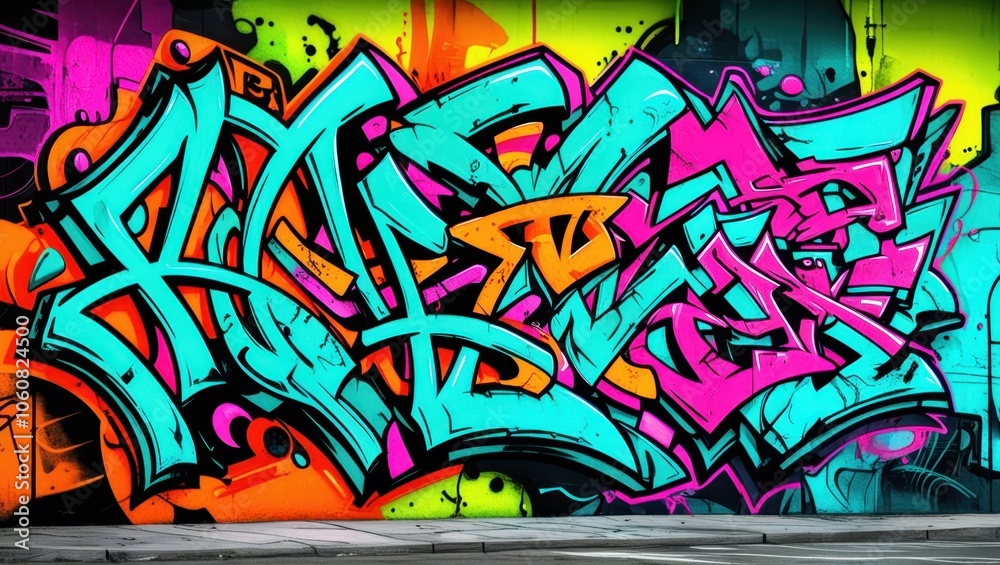 Obraz premium Colorful graffiti art, vibrant street mural, wildstyle lettering, neon colors, abstract urban design, spray paint texture, dynamic curves and arrows, intricate overlapping shapes, psychedelic color pa