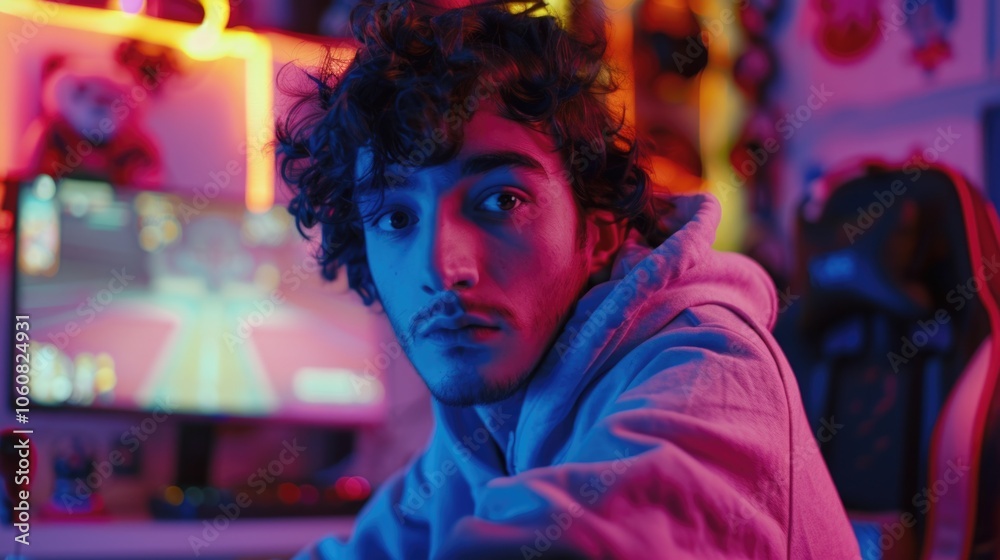 A young man sits in front of a television, possibly engaged in his favorite show or sports game A young man sits in front of a television, possibly engaged in his favorite show or sports game