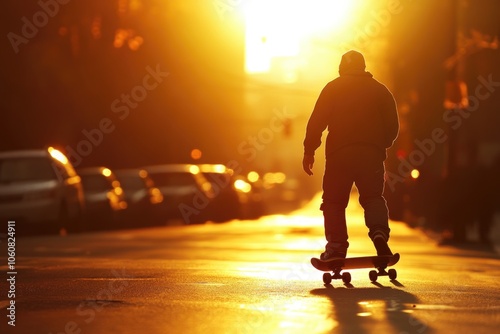 A person riding a skateboard down a city street at sunset, great for urban lifestyle or action sports imagery photo