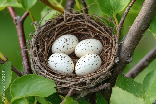 Nesting scene with four eggs and twigs, suitable for spring or nature-themed designs