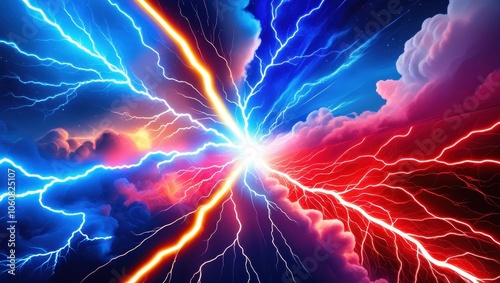 Electric lightning bolt, cosmic energy, vibrant colors, red and blue plasma, abstract swirls, dynamic composition, explosive power, ethereal glow, surreal atmosphere, fractal patterns, high contrast, 