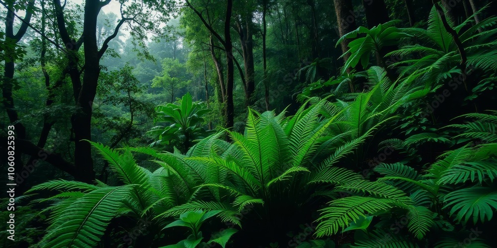 Fototapeta premium Lush green trees and ferns in a dense, misty forest, peaceful, lushness