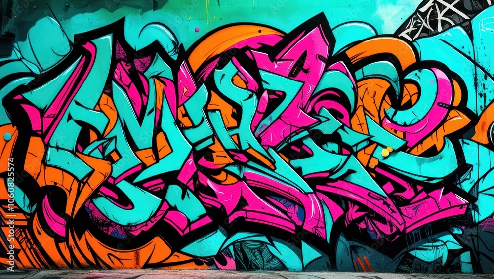 Obraz premium Colorful graffiti art, vibrant street mural, wildstyle lettering, neon colors, abstract urban design, spray paint texture, dynamic curves and arrows, intricate overlapping shapes, psychedelic color pa