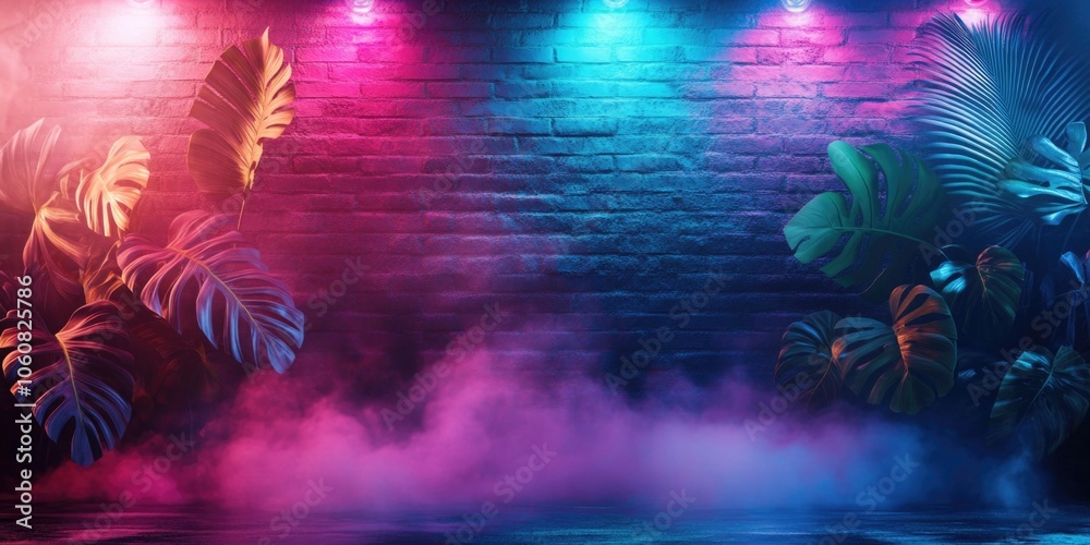 Fototapeta premium A brick wall with vibrant neon lights and lush greenery, perfect for use in modern designs, nightlife scenes, or futuristic concepts
