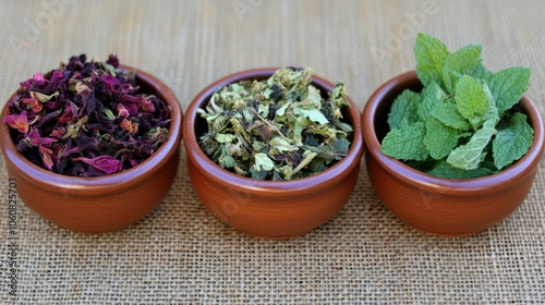 Aromatic Herbal Tea Blends in Terracotta Bowls