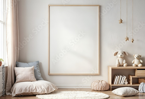 Mock up poster frame in Scandinavian kids' room with cozy reading nook template