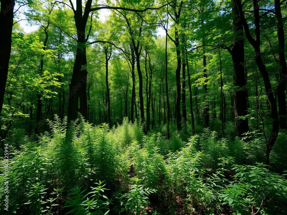 Lush green forest with towering trees, dense undergrowth, and dappled sunlight filtering through the leaves, serene, tranquil Lush green forest with towering trees, dense undergrowth, and dappled sunlight filtering through the leaves, serene, tranquil