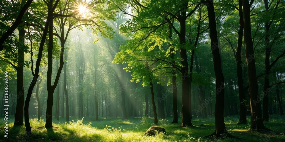 Lush green forest with sunlight streaming through the trees, creating a ...