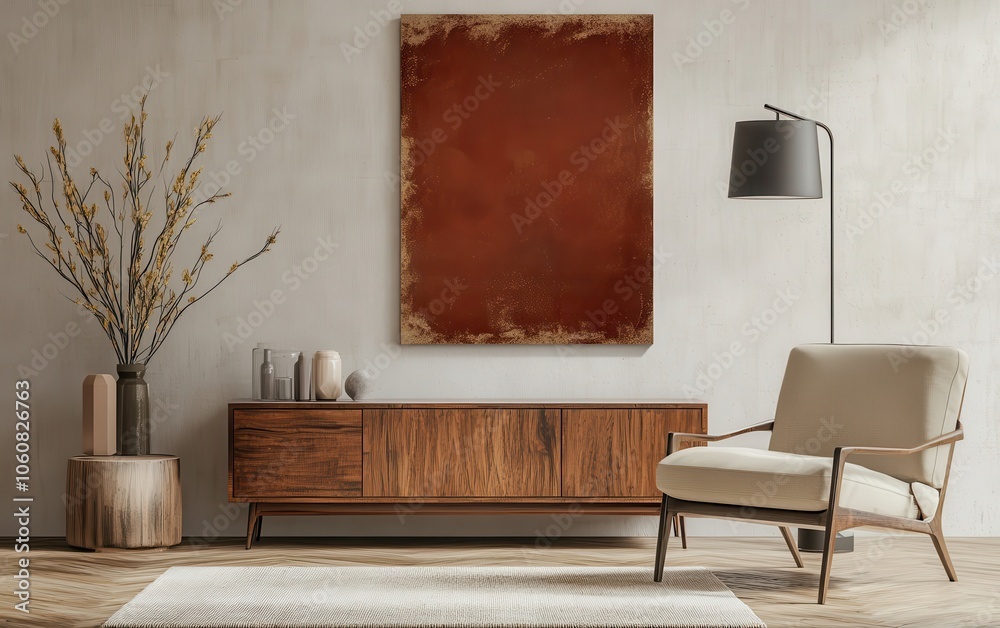 Living room interior with a beige armchair, wooden sideboard, and a modern lamp, showcasing minimalist home decor. Living room interior with a beige armchair, wooden sideboard, and a modern lamp, showcasing minimalist home decor.