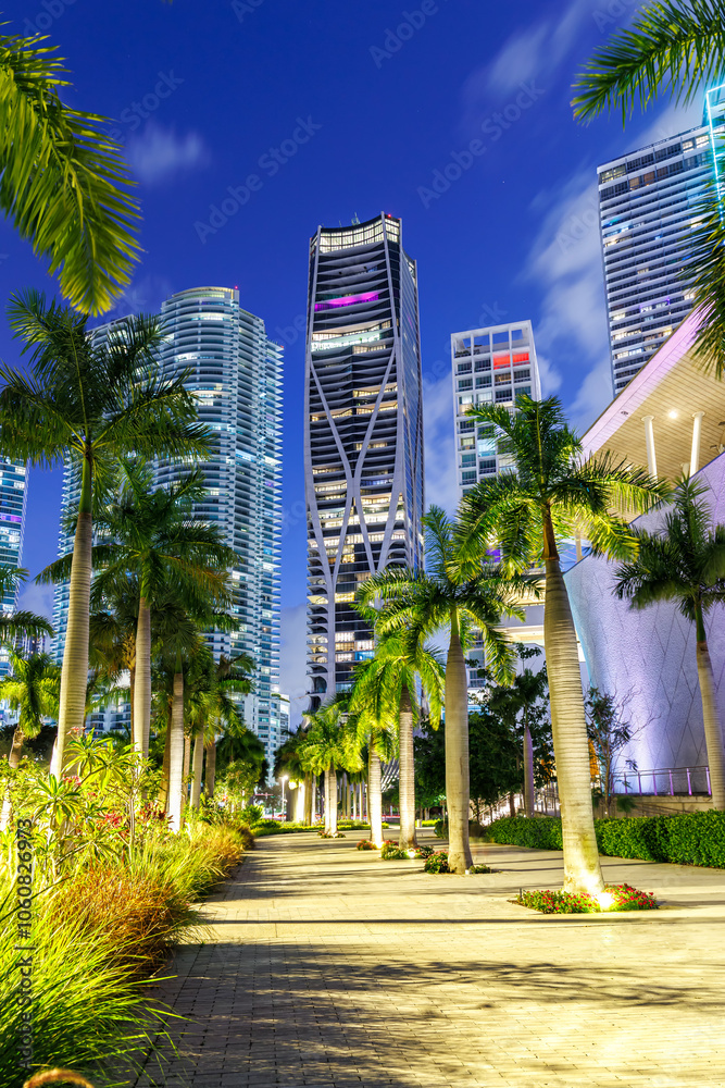 Miami skyline with skyscrapers at Maurice A. Ferré Park at night portrait format in Miami, United States Miami skyline with skyscrapers at Maurice A. Ferré Park at night portrait format in Miami, United States