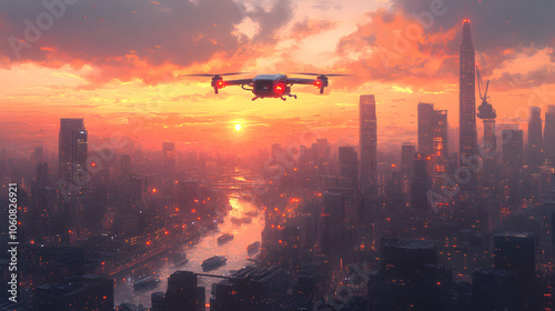 An Autonomous Drone Delivering Packages Over a Modern Urban Landscape with Skyscrapers 