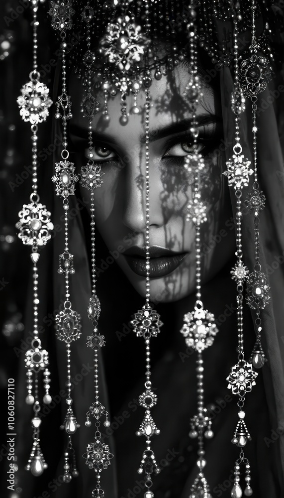 Enigmatic Portrait of a Woman Behind Ornate Beaded Veil Enigmatic Portrait of a Woman Behind Ornate Beaded Veil