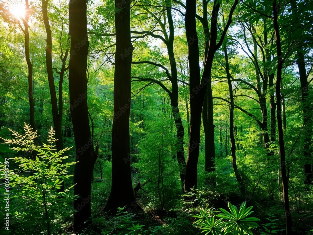 Lush green forest filled with tall trees, vibrant foliage, and sunlight streaming through the canopy, leaves, nature Lush green forest filled with tall trees, vibrant foliage, and sunlight streaming through the canopy, leaves, nature