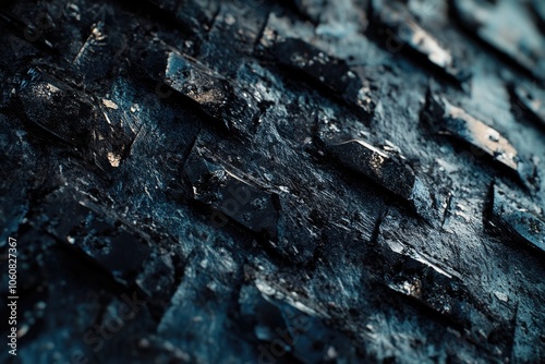 Close-up shot of a rough black stone wall with cracks and imperfections