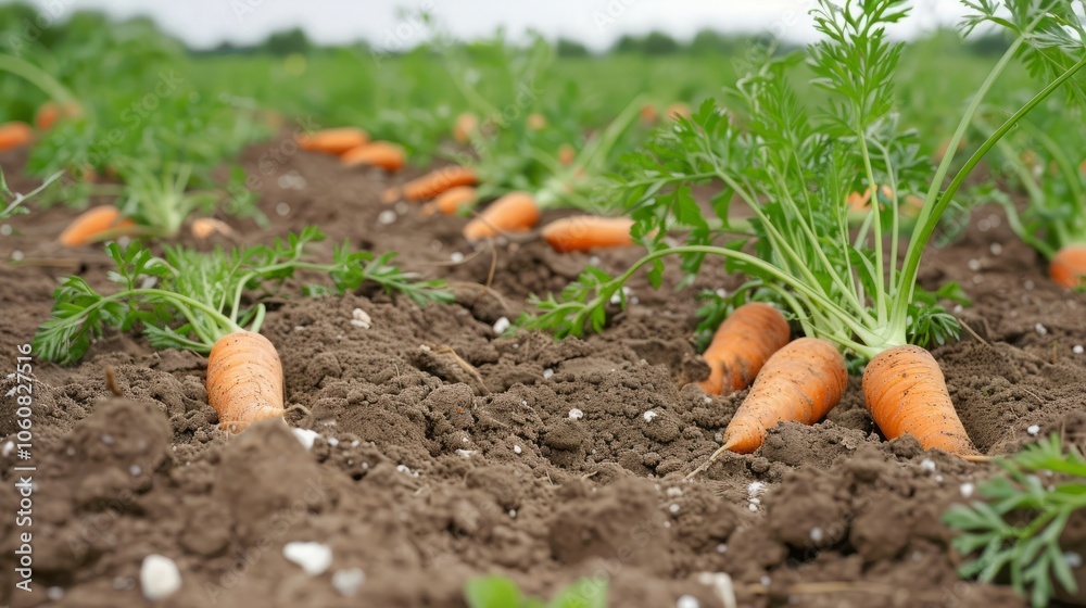Close-up of fresh carrots growing in a field. The orange vegetables peek out from the dark brown soil. Close-up of fresh carrots growing in a field. The orange vegetables peek out from the dark brown soil.