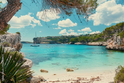 A scenic view of a beach with a boat floating in the water, perfect for travel or outdoor related projects photo