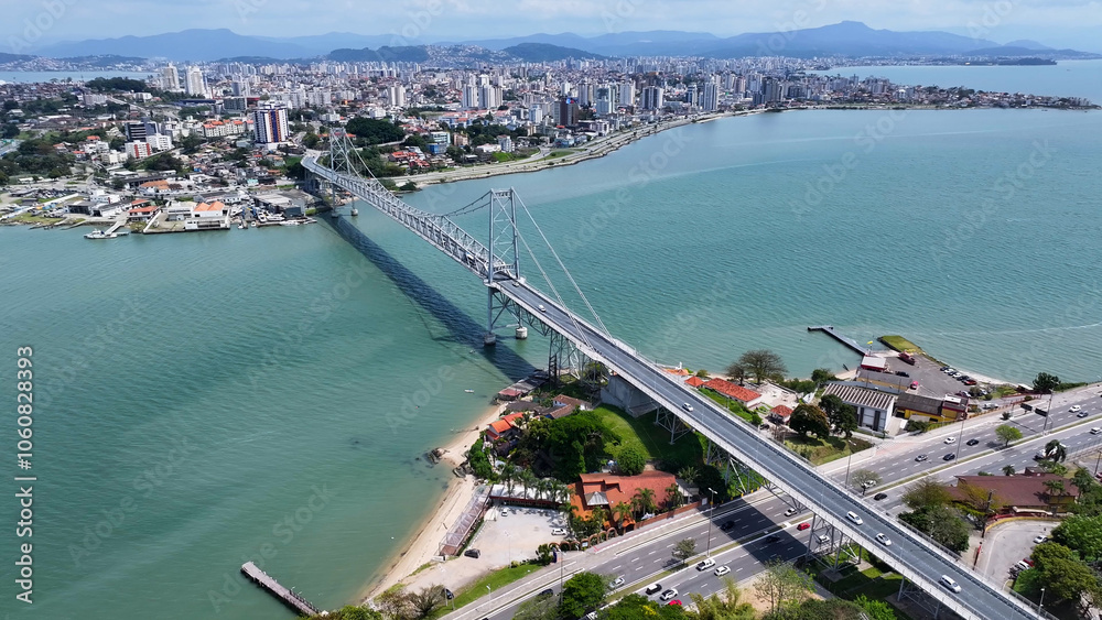 Naklejka premium Landmark Bridge At Florianopolis In Santa Catarina Brazil. Coast City. Downtown District. Cityscape Scenery. Landmark Bridge At Florianopolis In Santa Catarina Brazil. Landmark Bridge.