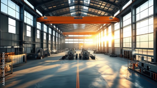 industrial warehouse interior, large empty space, high ceiling, overhead crane, metal beams, concrete floor, sunlight streaming through windows, dramatic lighting, wide angle view, realistic rendering