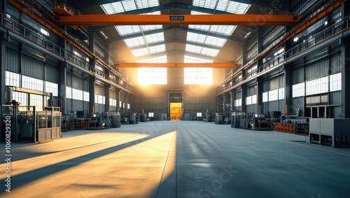 industrial warehouse interior, large empty space, high ceiling, overhead crane, metal beams, concrete floor, sunlight streaming through windows, dramatic lighting, wide angle view, realistic rendering