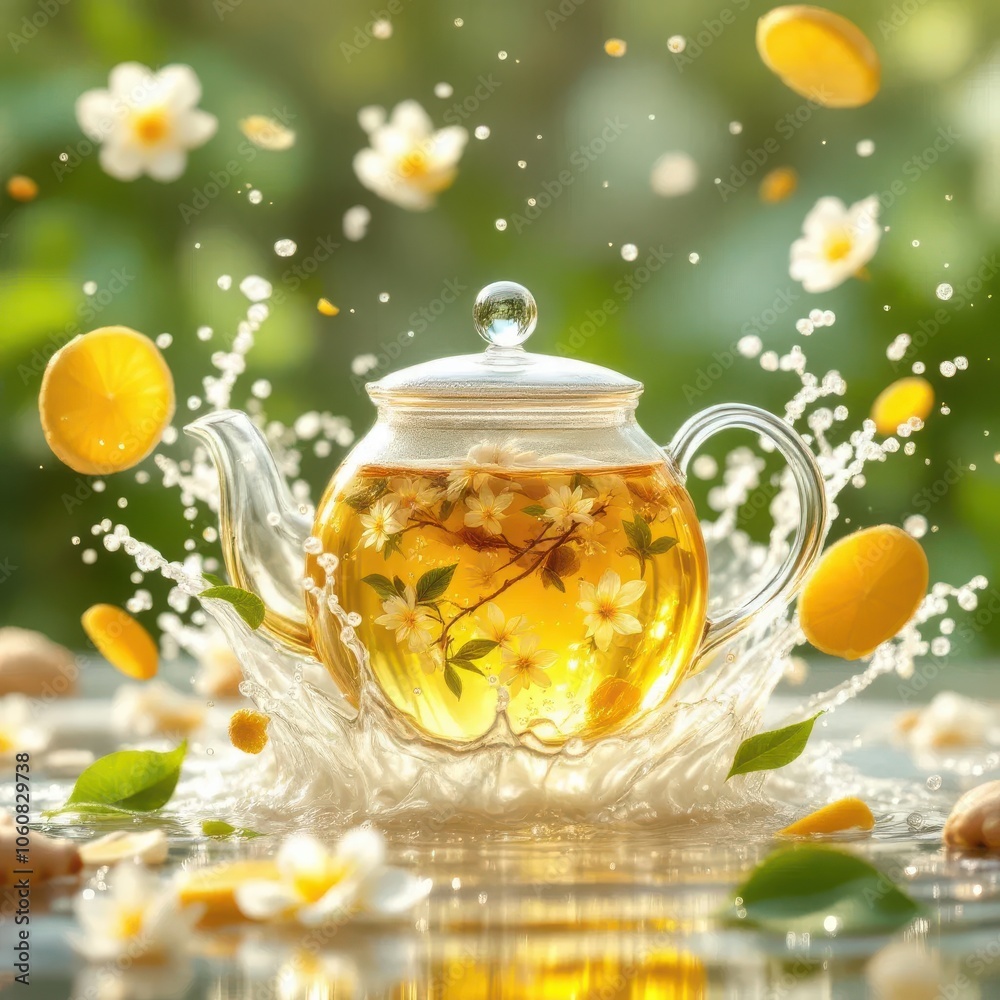 Glass Teapot with Herbal Jasmine Tea and Splash Effect Glass Teapot with Herbal Jasmine Tea and Splash Effect