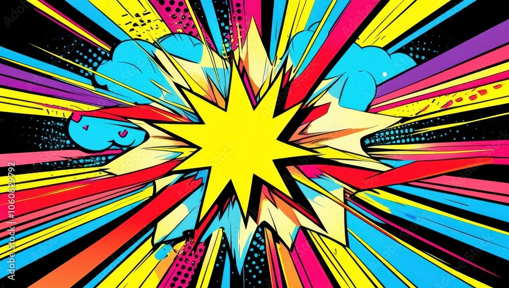 Comic book explosion, vibrant starburst, pop art style, bright yellow star, radiating lines, dynamic composition, red and blue color scheme, retro comic book effect, action-packed illustration, bold g Comic book explosion, vibrant starburst, pop art style, bright yellow star, radiating lines, dynamic composition, red and blue color scheme, retro comic book effect, action-packed illustration, bold g