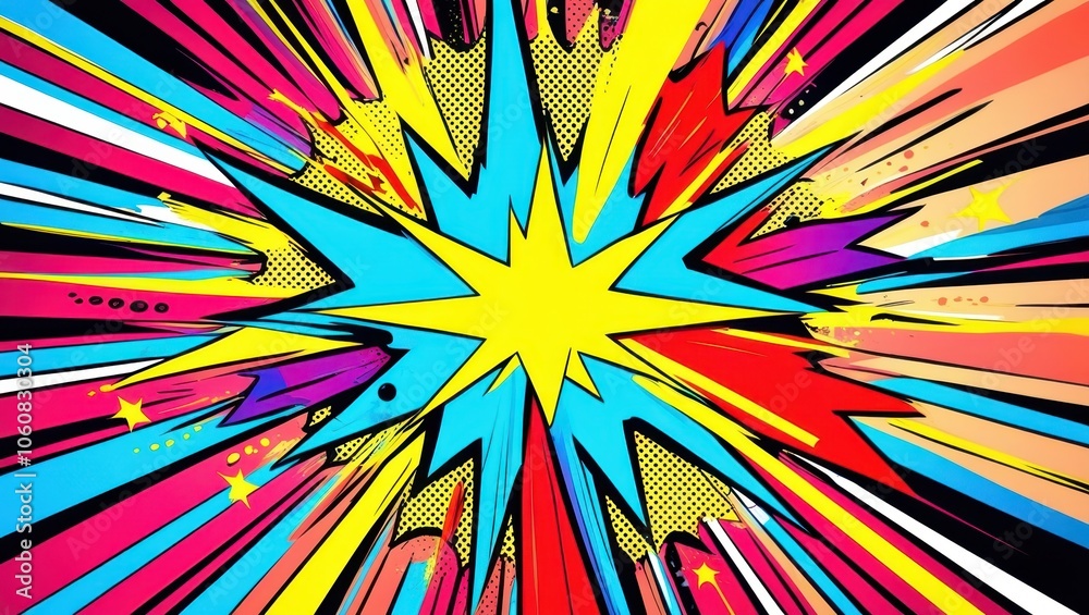 Fototapeta premium Comic book explosion, vibrant starburst, pop art style, bright yellow star, radiating lines, dynamic composition, red and blue color scheme, retro comic book effect, action-packed illustration, bold g