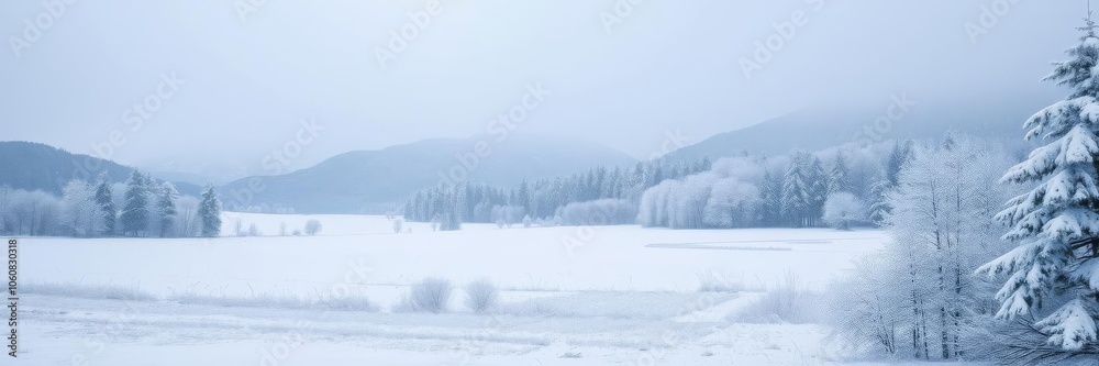 Snowy winter landscape with snow-covered trees, fields, and mountains in the background, white, outdoors Snowy winter landscape with snow-covered trees, fields, and mountains in the background, white, outdoors
