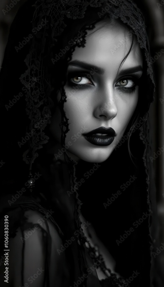 Gothic Black-and-White Portrait of a Woman in Lace Veil Gothic Black-and-White Portrait of a Woman in Lace Veil