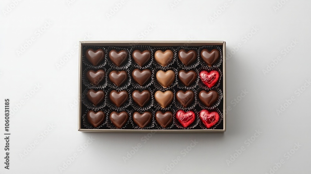 A box of assorted chocolate hearts, with two red hearts in the bottom row. A box of assorted chocolate hearts, with two red hearts in the bottom row.