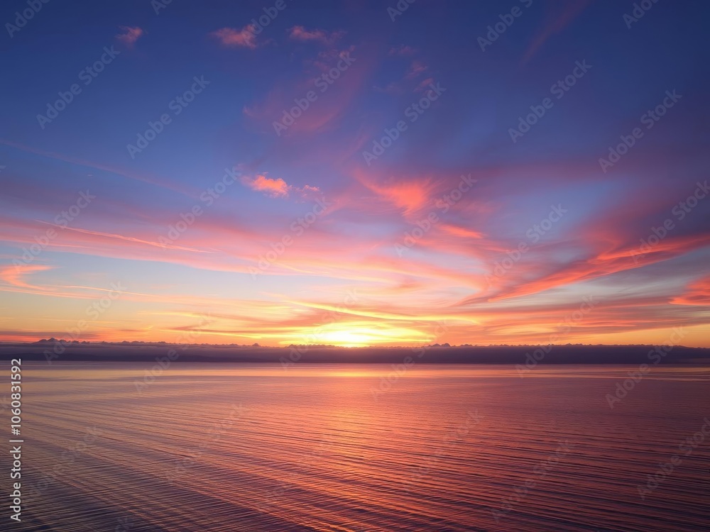 Vivid orange and pink sunset reflecting in calm water, creating a beautiful wallpaper, sunset, outdoors Vivid orange and pink sunset reflecting in calm water, creating a beautiful wallpaper, sunset, outdoors