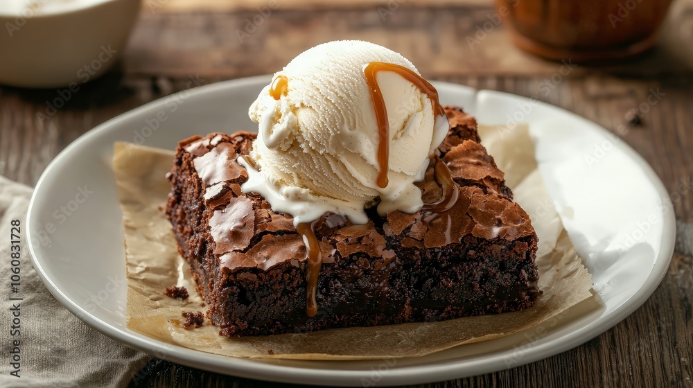 A fudgy brownie topped with a scoop of vanilla ice cream and a drizzle of caramel sauce. A fudgy brownie topped with a scoop of vanilla ice cream and a drizzle of caramel sauce.