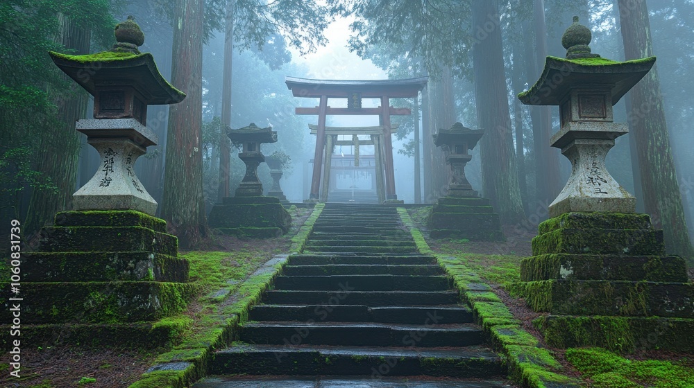 Obraz premium Mystical Shrine in the Misty Forest