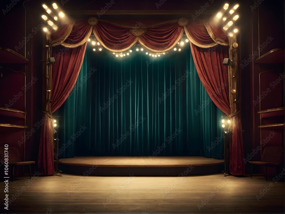 Fototapeta premium An empty theater stage with elegant red curtains and stairs